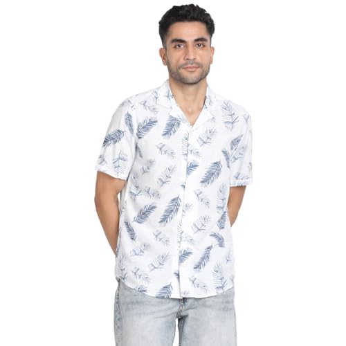 Turtle Men 100% Rayon White Printed Slim Fit Casual Shirt