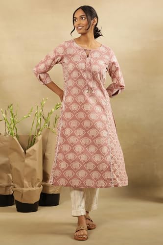 Folksong by W Women Pink Printed Cotton A-Line Kurta