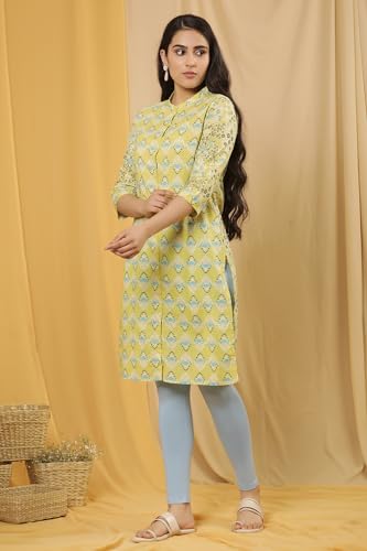 W for Woman W Women Beige Floral Print Cotton Straight Kurta set with Tight