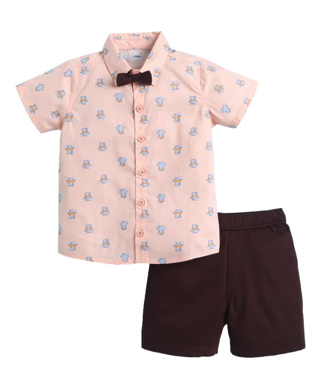 BUMZEE Baby Boys Cotton Woven Half Sleeves Animal Print Shirt & Short Set With Detachable Bow Peach & Brown - 12-18 Months (Peb1