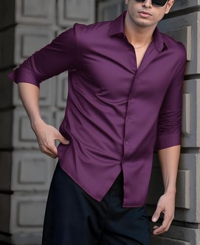 Indoprimo MenS Casual Button Down Long Sleeve Satin Plain Shirt Wine
