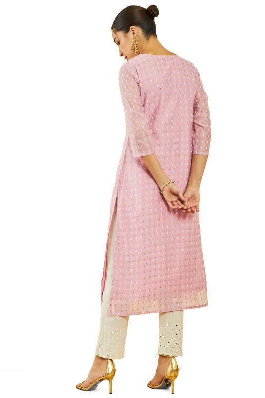 Soch Womens Pink Chanderi Polka-Dot Pattern Straight Kurta With Embroidered Yoke