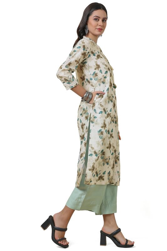 Soch Womens Beige Linen Blend Floral Print Kurta with Tassels