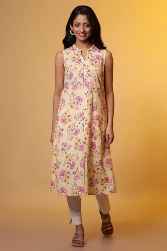 Aurelia Women? Floral Printed A-Line Cotton Flax Kurta | Mandarin Collar Kurta for Women | Floral Printed Kurta for Women | Soft & Breathable Regular Fit Kurta for Women