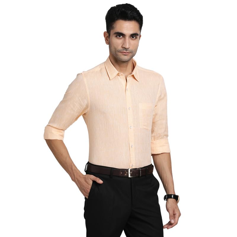 Turtle Men Pure Linen Peach Solid Slim Fit Formal Shirts