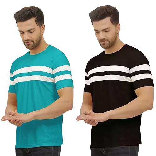 LookMark Mens Combo Cotton Blend Sky Blue & Black Color Printed Striped Polo Tshirt(MT04-MT10)