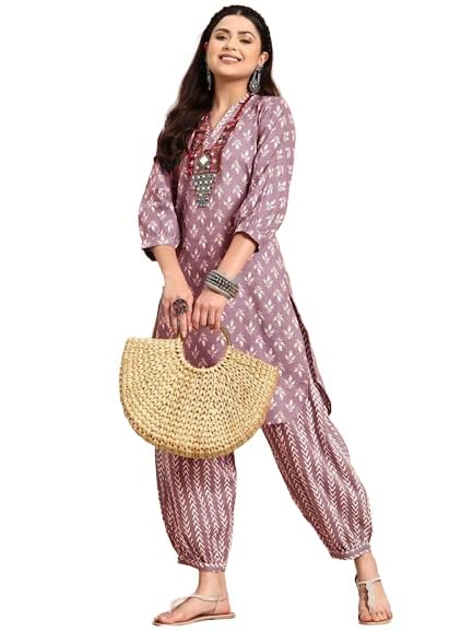 LookMark Womens Trendy Printed Cotton Blend Straight Kurta and Afghani Pant Set Perfect For Casual and Office Wear (AZ-LM-OG-KS
