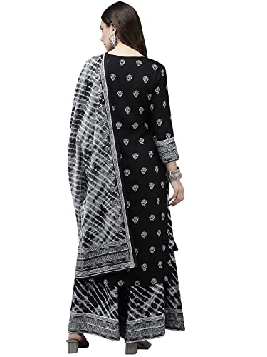 ishin Women's Black Embroidered A-line Kurta set With Sharara And Dupatta