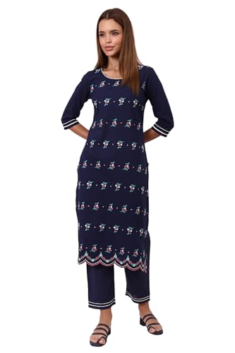 Aurelia Women's Navy Blue Embroidered Pure Cotton Straight Kurta and Palazzo Co-ord Set (Size: S)-AS16065-E608559