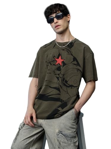 The Souled Store Captain America: Steve Rogers Men and Boys Short Sleeves Round Neck Green Embellished Cotton Oversized T-Shirts