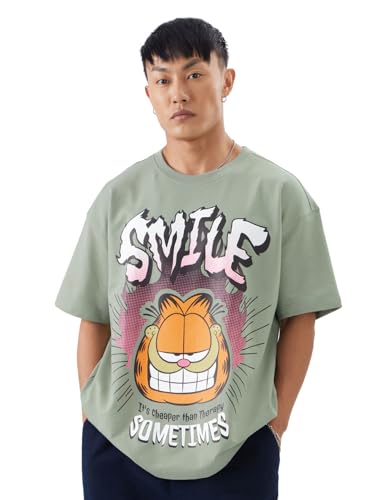 The Souled Store Official Garfield: Smile Men And Boys Short Sleeve Green Cotton Oversize Fit T-Shirt