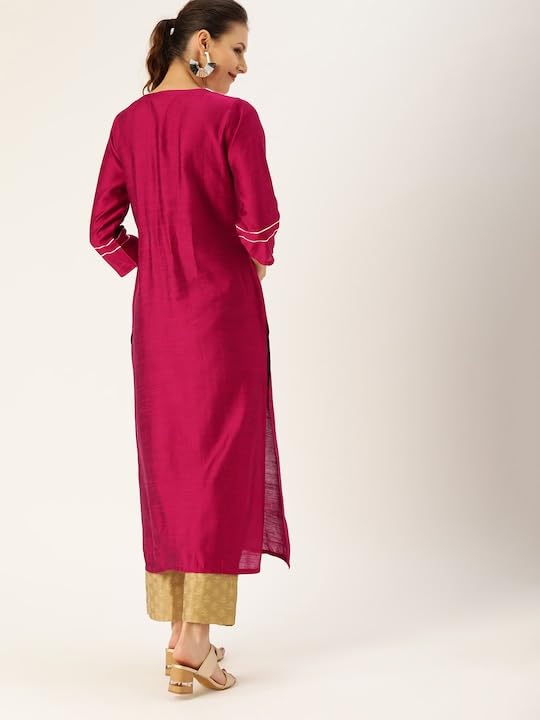 Varanga Women Magenta & White Embellished Straight Kurta