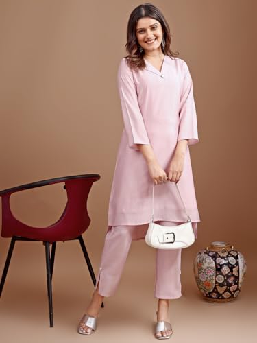 Womanista Women's Onion Pink colour silk blend work wear coord set(Co-ords_9107)