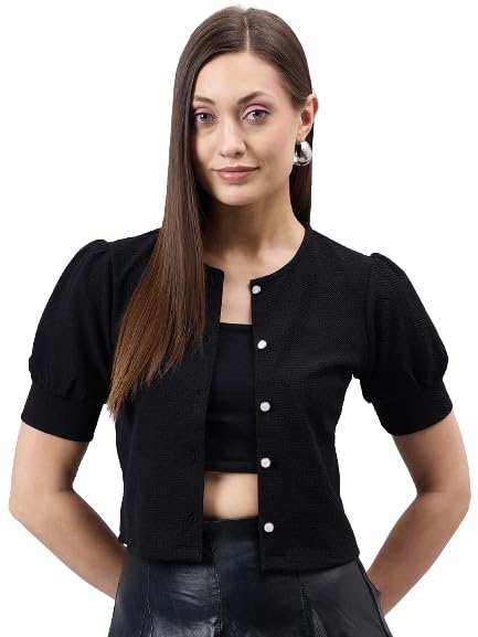 Style Quotient Women Solid Black Polyknit Casual Open Front Shrug