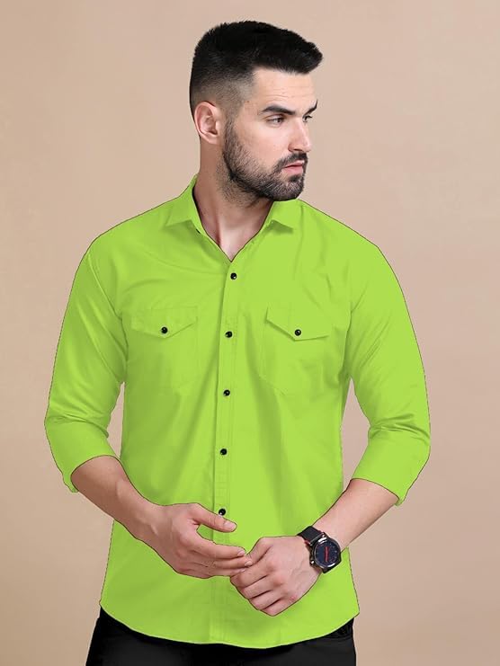 Rebelify MenS Double Pocket Shirt Classic Casual Cotton Blend With Adjustable Cuffs Pista