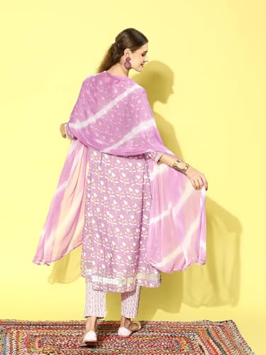 Stylum Women's Printed Cotton Anarkali Kurta Pant Dupatta Set (KPDSRIJA_Lavender)