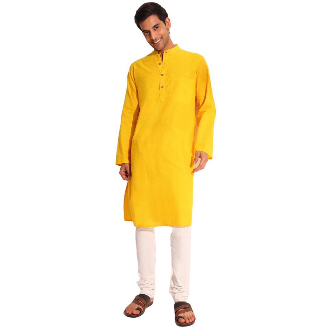 Fabindia Men Cotton Yellow Striped Mandarin Neck Slim Fit Long Kurta