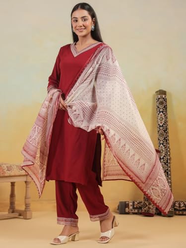 SHIENZY Womens Maroon Viscose Kurta Set with Printed Dupatta || Ethnic Wear for Women || Stylish Indian Suit for Girls || Festi