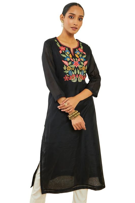 Soch Womens Chanderi Floral EmbroideStraight Kurta