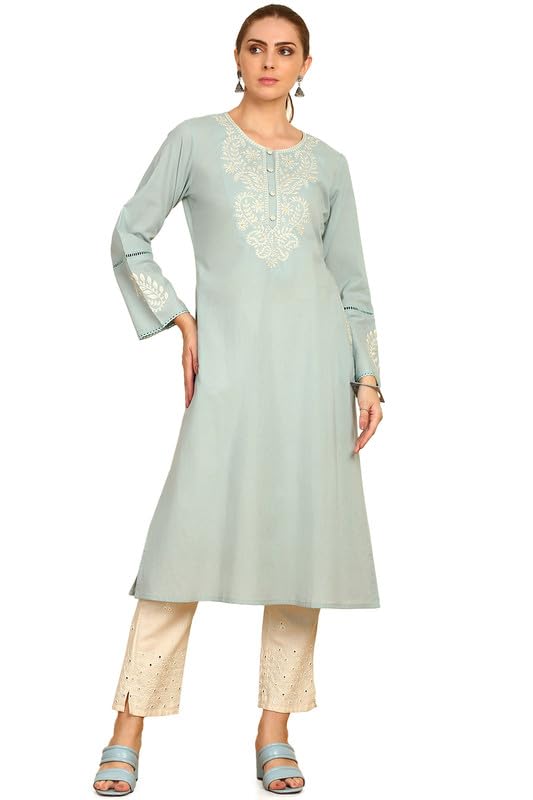 Soch Womens Powder Blue Solid with Yoke Embroidered Cotton Kurta with Lace
