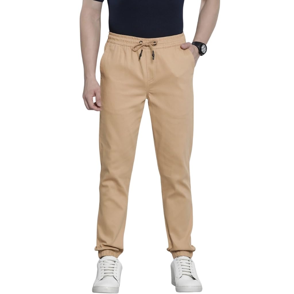 The Indian Garage Co Men Slim Fit Solid Mid-Rise Stretchable Chino Joggers Tan