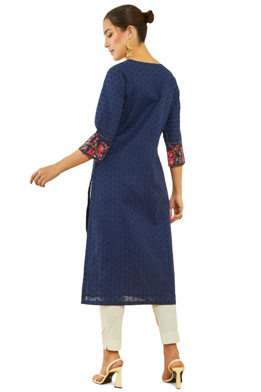 Soch Womens Navy Blue Cotton All-Over Thread Embroidered Straight Kurta