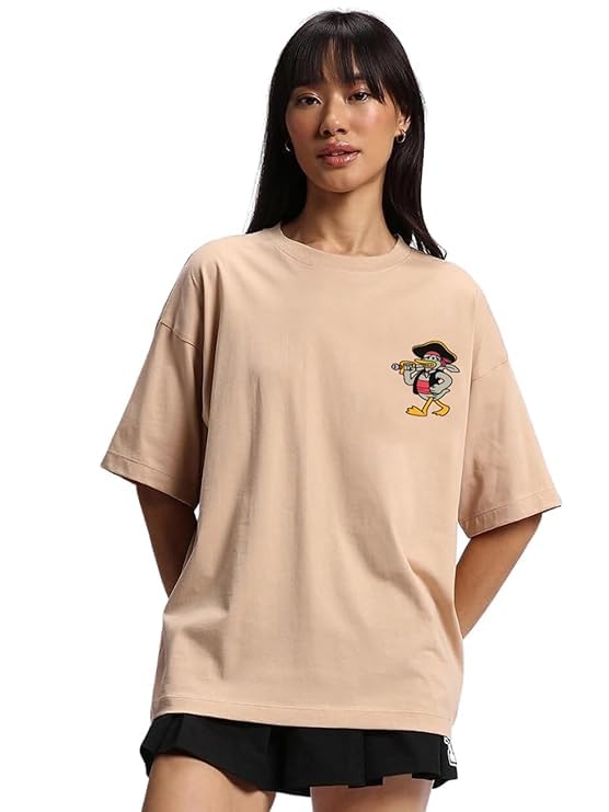 Juneberry Oversize Loose Baggy Fit Drop Shoulder Cool And Stylish Latest Duck Pocket Print Design Beige Half Sleeve T-Shirt For