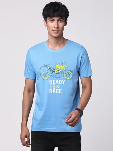 ADRO Men's Biker Design Printed 100% Cotton T-Shirt - Regular Fit, Printed T-Shirts for Men (RN24-KTM-SK_Sky Blue)