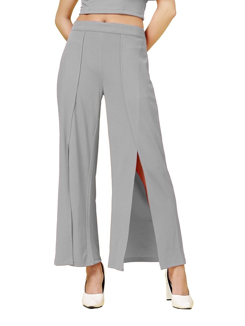 Womens Wide Leg Pants | Solid Grey Stretchable Polyester Trousers | Stylish Korean Clothing | Flared, Straight Fit, Baggy, and