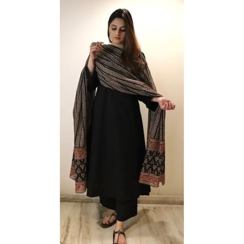 GoSriKi Women's Anarkali Kurta Set, Rayon Viscose, Black, Large, Model: Avantika Black-GS, Includes Pants & Dupatta