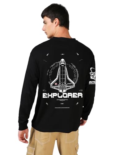 Bewakoof Official NASA Merchandise Mens Graphic Printed Oversized Fit Full Sleeve Round Neck Cotton Jersey T-Shirt 636704 Black