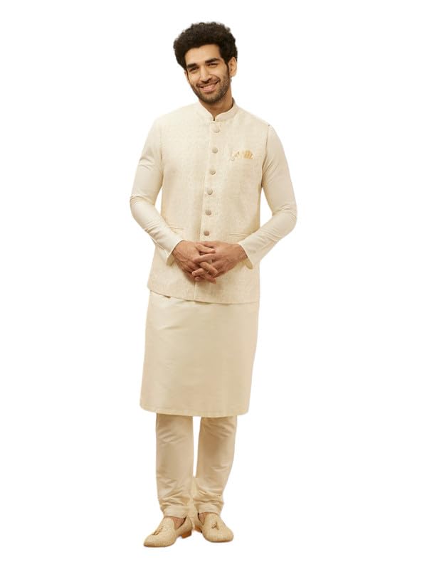 Manyavar Mens Cream Art Silk Jacquard Jacket