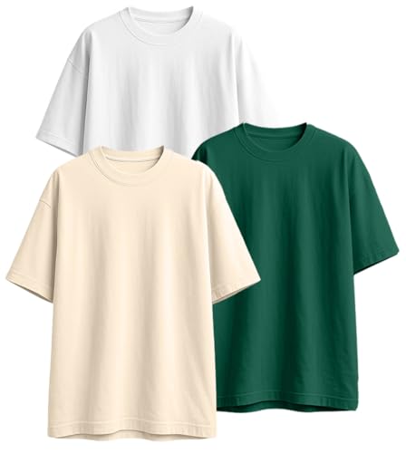 Veirdo Mens 100% Cotton Drop Shoulder Oversized Baggy Fit Short Sleeve Plain Solid Round Neck T-Shirt Combo