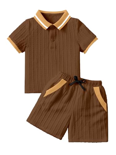 AVANOVA Boys 2-Piece Outfit Set Brown Knitted Polo Collar Short Sleeve T-Shirt with Matching Shorts | Casual Summer Clothing fo