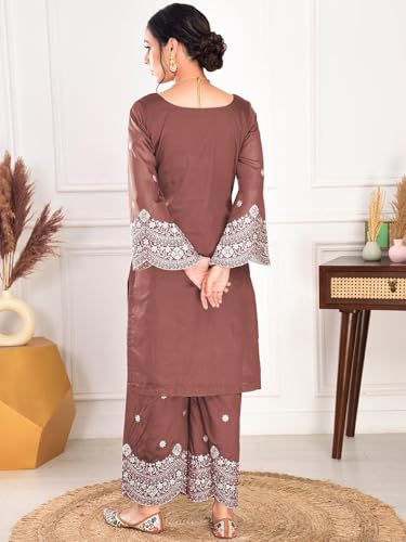 Shienzy WomenS Embroidered Chanderi Kurta Pant Set With Net Dupatta | V Neck, 3/4 Sleeve Ethnic Set | Outfit For Office Wear (1