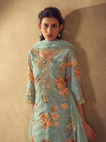 VARANGA Women Sea Green Floral Printed Zari Embroidered Kurta With Bottom And Dupatta