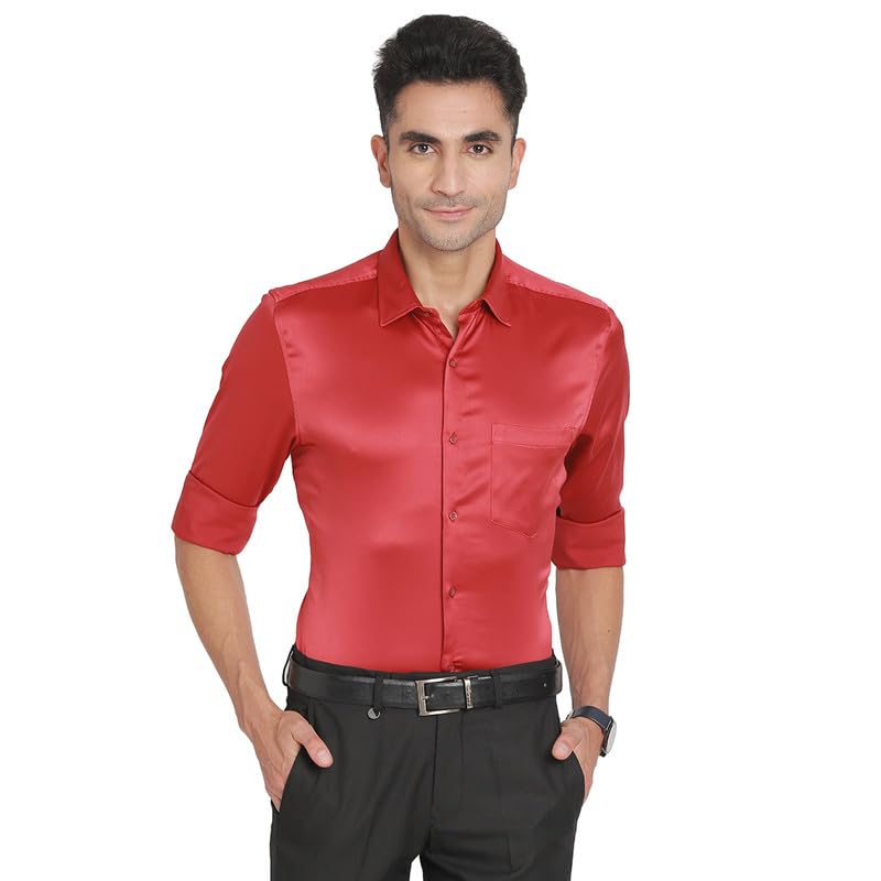 Turtle Men Poly Satin Slim Fit Red Solid Ceremonial Shirt