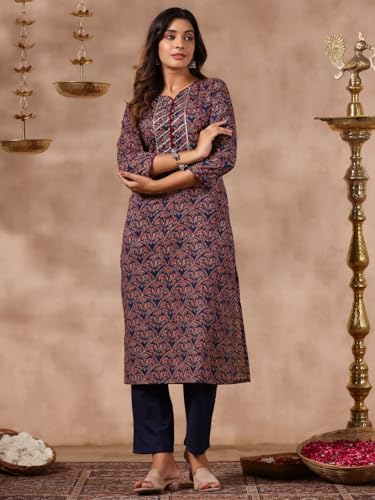 anubhutee Women's Blue Ethnic Motifs Straight Kurta with Trousers