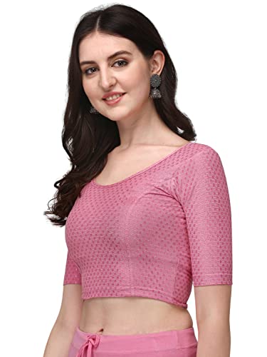 Shiv Textiles Round Neck Dobby Cotton Lycra Stretchable Elbow Sleeve Readymade Saree Blouse For Women Stylish (Pinkfree Size)