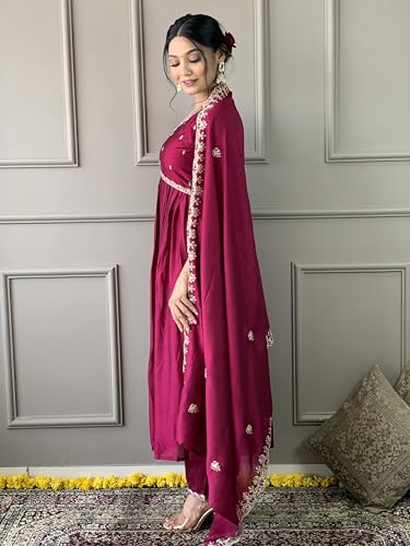 Shiv Textiles Embroidery Maroon Kurta Trousers With Dupatta Striped Viscose Art Silk Three-Quarter Sleeves Kurta Sets For Womens
