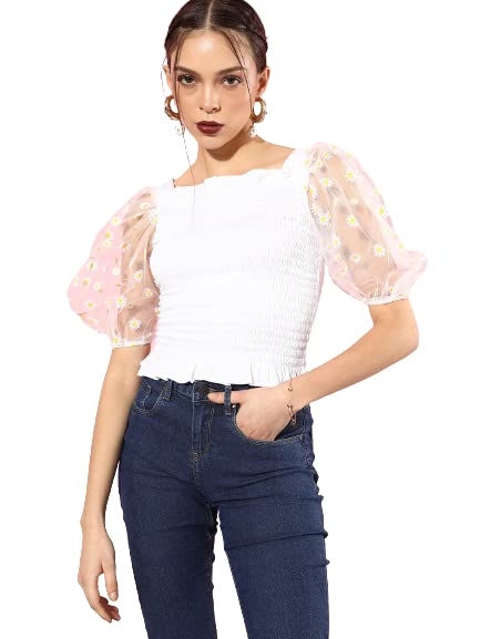 Style Quotient Women White Viscose Rayon Smart Casual Smocked Top