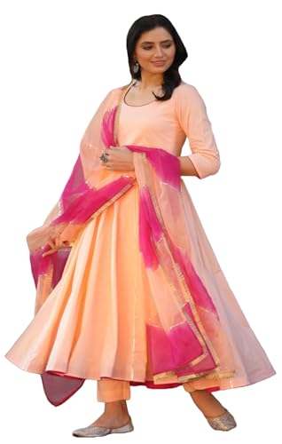 ANNI DESIGNER Womens Rayon Viscose Solid Anarkali Kurta with Pant & Dupatta (KUDDI Peach_XXL_Peach_XX-Large)