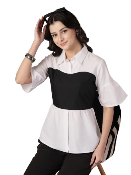 Style Quotient Women Color Block White and Black Regular Fit Semi Formal Polycotton Top