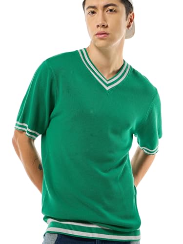 Bewakoof Mens Textured Regular Fit Half Sleeve V-Neck Cotton Flatknit T-Shirt_634378_Green_XL