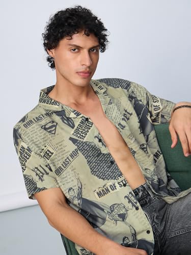 The Souled Store Superman: Its in The News Men and Boys Short Sleeves Collared Neck Button Front Grey All Over Printed Regular