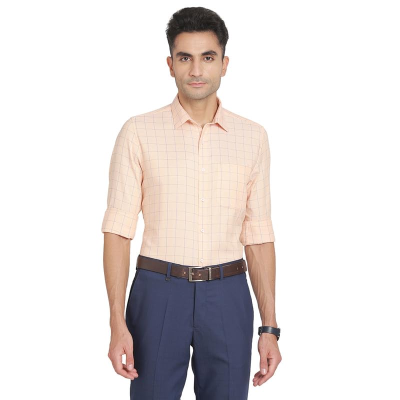 Turtle Men 100% Cotton Slim Fit Beige Check Formal Shirt