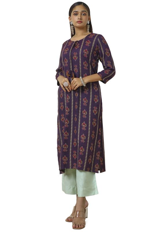 Soch Womens Purple Rayon Foil Print Kurta with Tassels