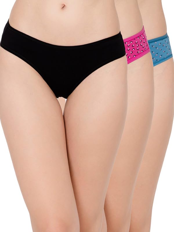 Clovia Womens Cotton Pack of 3 Low Waist Bikini Panties (PNC530017_Multicolor_L)