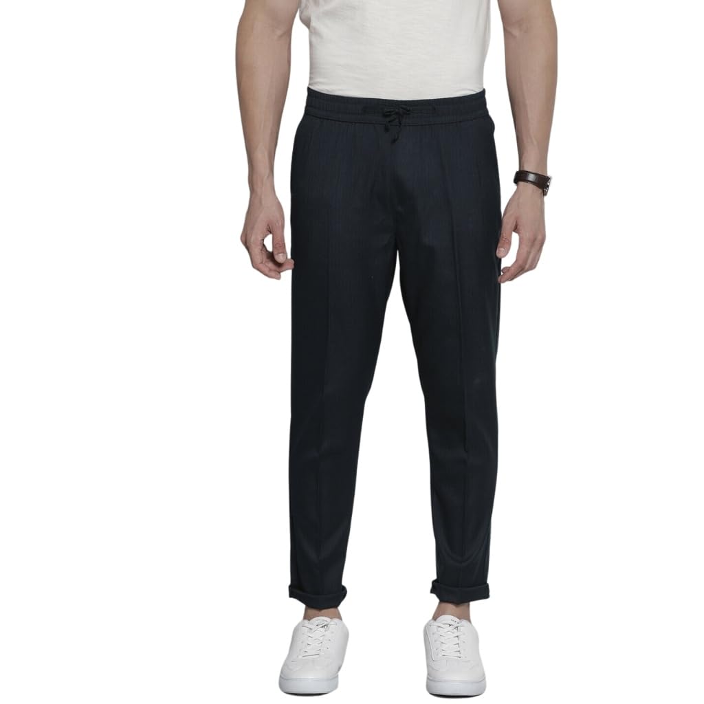 The Indian Garage Co Men Regular Fit Self Design Mid-Rise Stretchable Jogger Trousers Navy