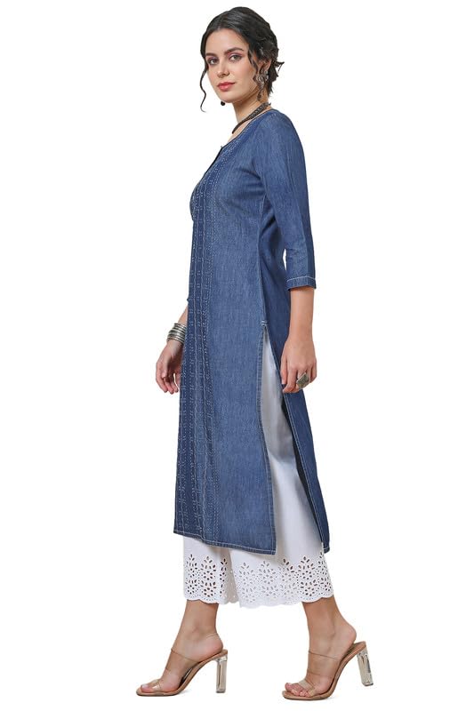 Soch Womens Indigo Kantha Stitch Cotton Blend Kurta